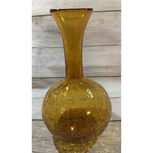 Vintage MCM Amber Crackle Glass Ball Round Vase Decanter Retro 8.5"
